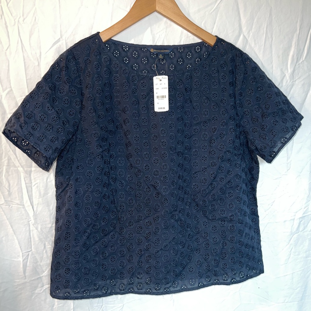 NWT Brooks Brothers Navy Blue Embroidered Eyelet Blouse
